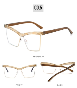Three angles of cat-eye frames featuring marble texture and gold metal semi-rim structure