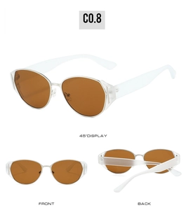 Three-angle view of silver cat-eye sunglasses with brown lenses and white frosted arms