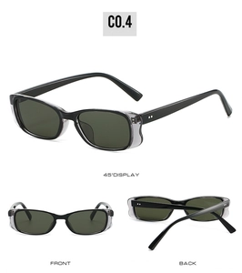 Detailed multi-angle views of black square sunglasses with side shields and green lenses