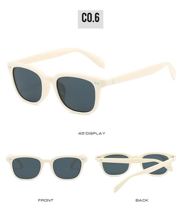 Detailed views of vintage cream square frame sunglasses with dark lenses and silver rivets