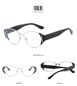 Detail view of cat-eye frames with silver metal rims and black temples with H-logo