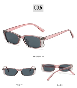 Multi-angle views of pink translucent rectangular sunglasses with dark lenses