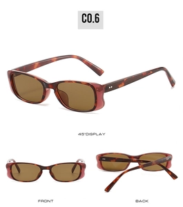 Three perspectives of tortoiseshell rectangular sunglasses with brown lenses and C0.6 detail