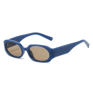 Modern oval retro sunglasses with thick navy blue frames and brown tinted lenses