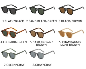 Grille détaillée montrant des lunettes de soleil carrées classiques en huit coloris variés