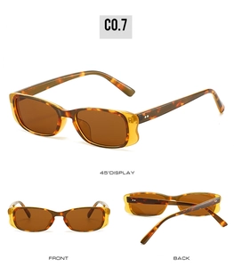 Three perspectives of tortoise shell rectangular sunglasses with brown lenses and C0.7 code