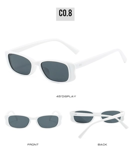 Detailed multi-angle views of retro small square white sunglasses with dark lenses