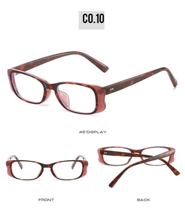Detail view of tortoiseshell square sunglasses from front, back, and side angles