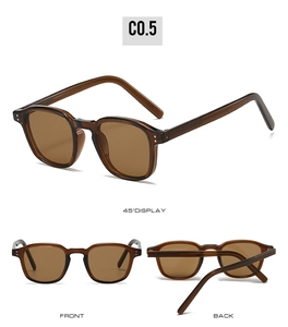 Vue sous trois angles de lunettes de soleil ambre avec verres bruns et détails argentés