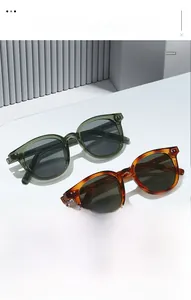 Close-up of retro square sunglasses in olive green and tortoiseshell on a white stand