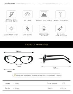 Detailed size chart for black oval glasses frames showing 142mm width and PC material
