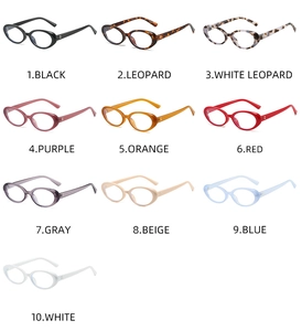 Detailed grid of oval anti-blue light glasses frames in ten distinct vibrant colors