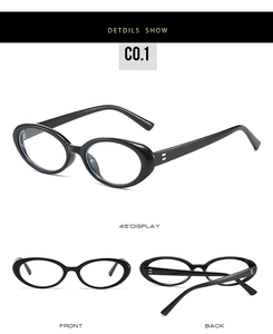 Three-way view of retro black oval blue light blocking glasses from multiple angles