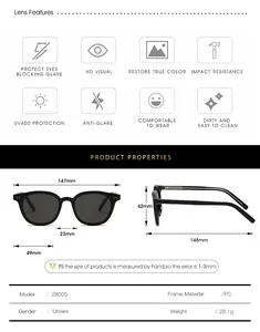 Detailed size chart for retro square sunglasses showing frame width and temple length