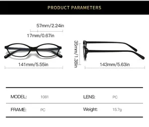 Detailed size chart for retro oval glasses frame model 1081 with PC lens dimensions