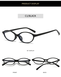 Front, side, and back views of glossy black oval minimalist eyewear frames