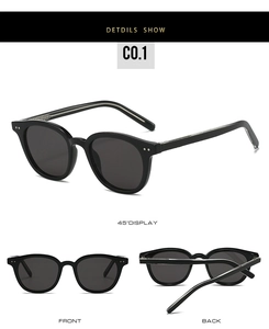 Three-angle view of black round sunglasses showing frame details and metal core hinges