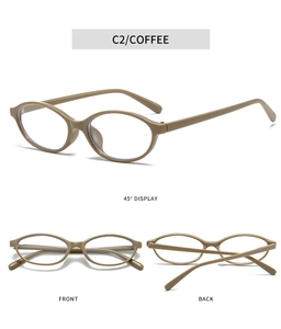 Detailed multi-angle view of oval coffee frame glasses from front, back, and 45-degree sides