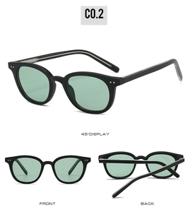 Three views of vintage round black sunglasses with light green lenses and rivet detail