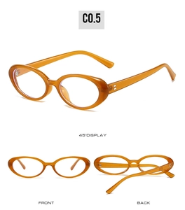 Front and back views of oval amber-colored anti-blue light glasses with transparent lenses