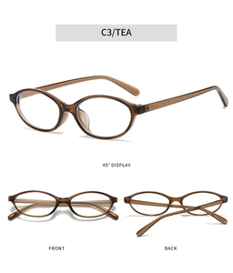 Three-angle view of tea brown oval eyewear frame showing front, back, and 45-degree detail