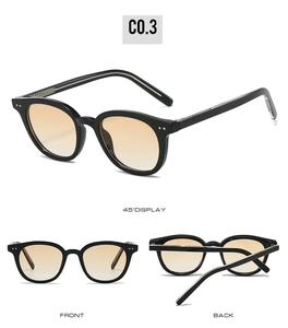 Detailed views of vintage round sunglasses with black frames and orange gradient lenses