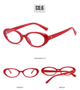 Detail view of red oval glasses frames with silver rivets from multiple angles