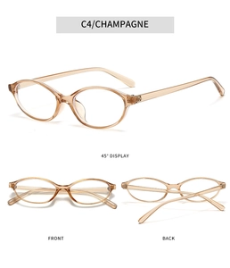 Champagne oval frame glasses featuring three views including front and 45-degree angle