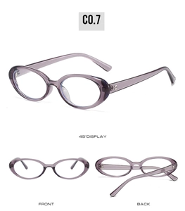 Detailed views showing the purple oval frames of blue light blocking glasses from three angles