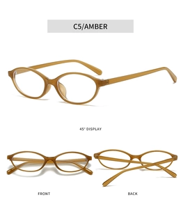Three views of amber oval glasses frame showing front, back, and 45-degree angles