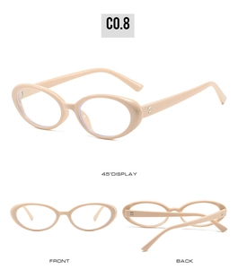 Three angles of beige oval glasses frames including 45-degree, front, and back views