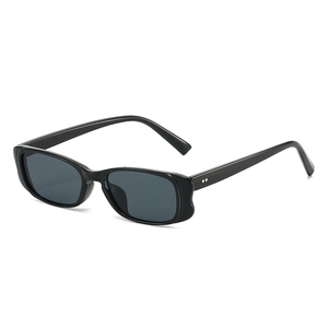 Retro small square frame sunglasses in glossy black with classic metal dot detail