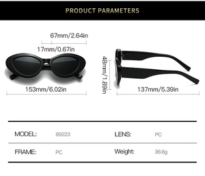 Parametri dettagliati delle dimensioni e materiali PC degli occhiali da sole cat-eye neri