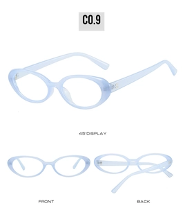 Three-angle view of light blue oval anti-blue light glasses with translucent frames