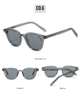 Detailed multi-angle views of retro translucent grey resin sunglasses with dark lenses