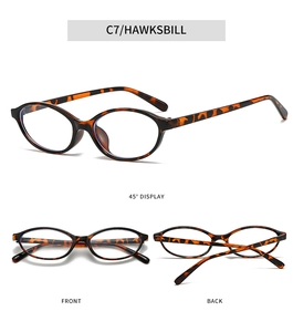Detailed views of hawksbill oval glasses frames showing front, back, and 45-degree angles
