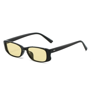 Retro rectangular sunglasses with black frame and amber lenses in a 45-degree view