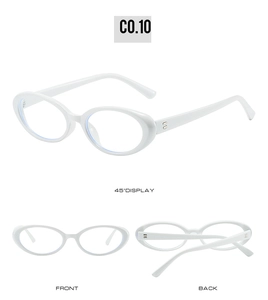 Three views of white oval anti-blue light glasses with silver rivet details on the frame