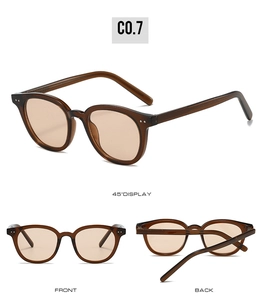 Three-view display of amber translucent retro sunglasses showing front and side angles