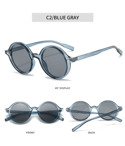 Vues détaillées de lunettes de soleil ovales rétro bleu gris avec numéro de modèle et CE