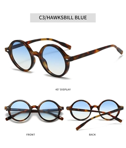 Vue en trois plans de lunettes de soleil ovales rétro bleu écaille et verres dégradés