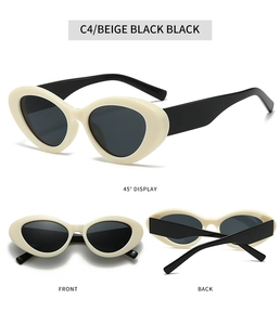 Tre viste di occhiali da sole cat-eye beige con lenti nere e finitura lucida