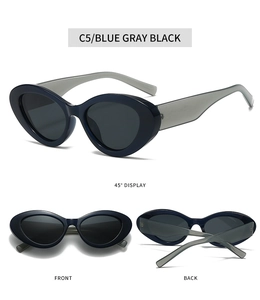 Viste dettagliate degli occhiali da sole cat-eye in blu C5 e grigio con lenti scure
