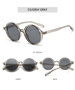 Vue sous trois angles de lunettes de soleil ovales vintage avec monture grise transparente
