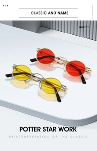 Macro detail of retro round metal sunglasses with red and yellow lenses in a modern studio