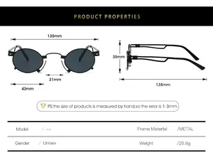 Detailed size chart for retro small round sunglasses showing dimensions and metal frame specs