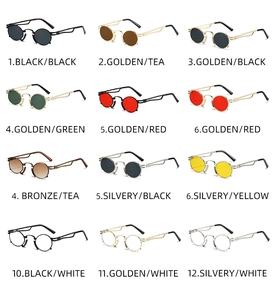 Matrix layout of vintage steampunk sunglasses with metal double bridge in various colors