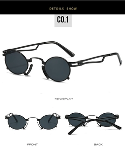 Detail view showing front, back and side of retro round metal sunglasses with hollow arms