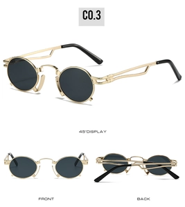 Detailed views of vintage steampunk round sunglasses with gold metal frame and black lenses