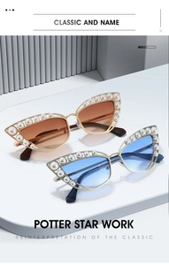 Detail of luxury cat-eye sunglasses with pearl-embellished metal frames in gold and silver